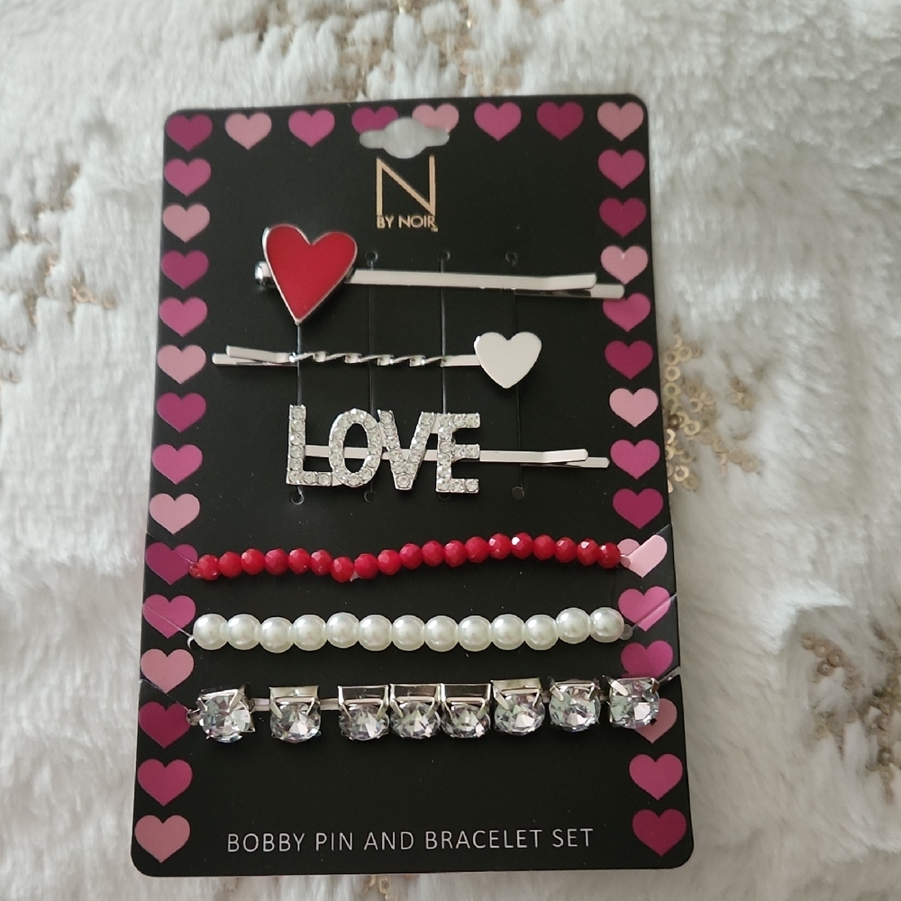 nOir Jewelry Heart and Love Hair Accessory Set - Red, White, Silver